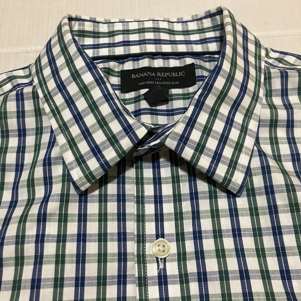 Banana Republic Plaid Check dress shirt non iron slim Mens Size Medium 15 Casual